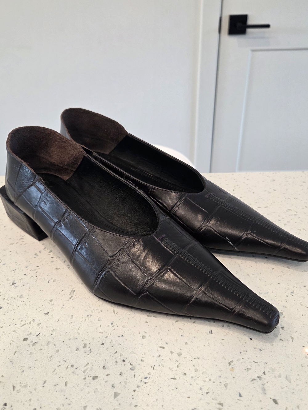 Black Croc-Embossed Pointed Toe Leather Flats - Picture 1 of 13